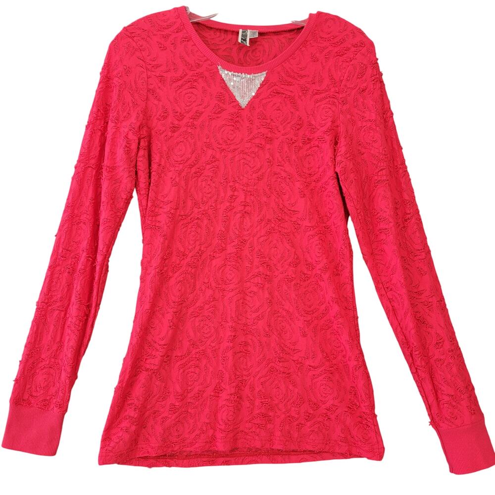 BKE Red Shirt Preppy Sequins Distressed Long Sleeves Subtle Floral Womens Size L